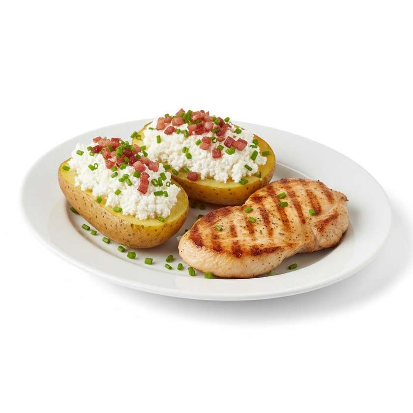 Kurací steak s pečeným zemiakom plneným bryndzou slaninkou a pažítkou