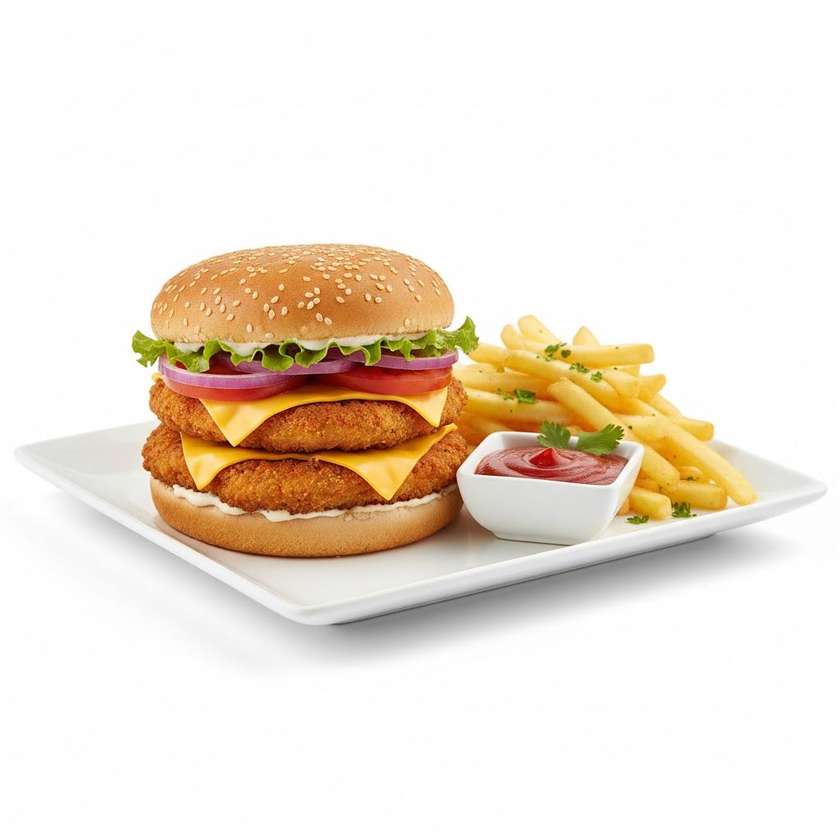 Double chicken burger chips