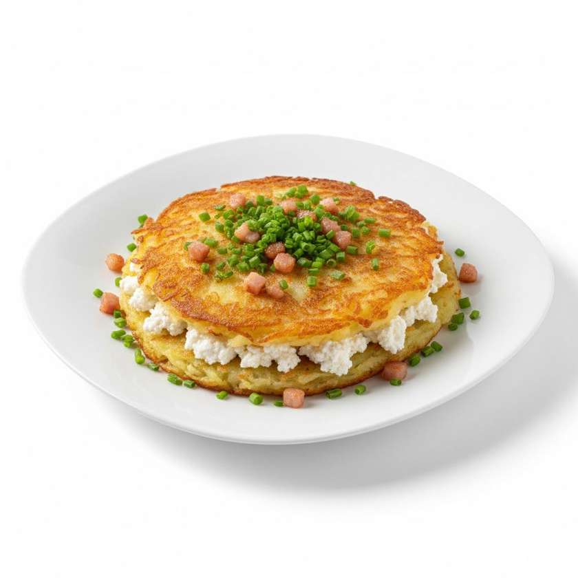 Zemiaková placka plnená bryndzou,  slaninkou a pažítkou