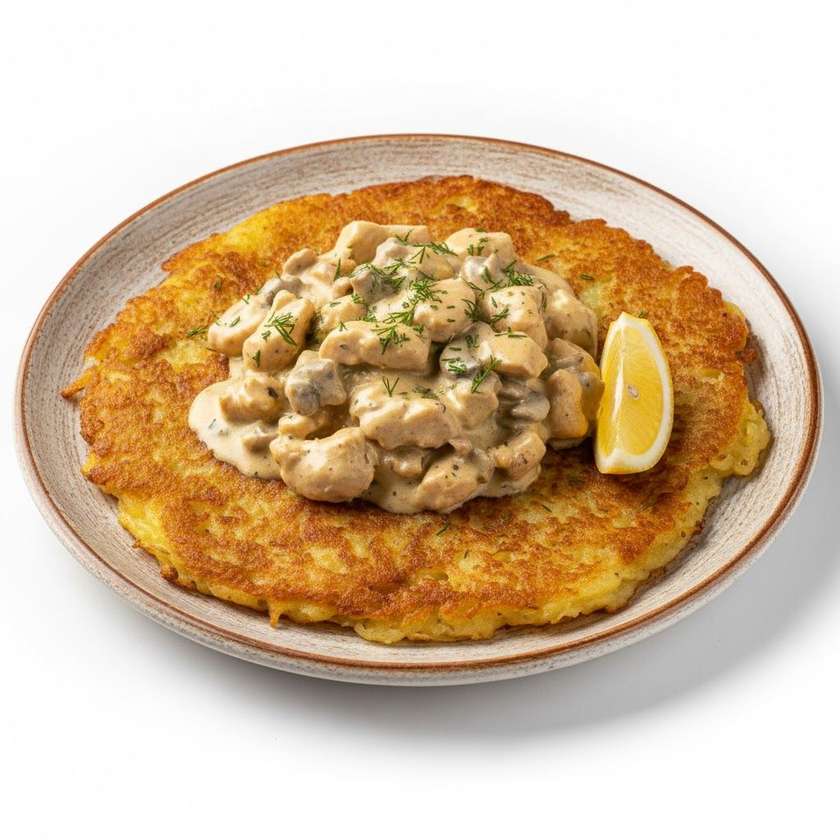 Kurací stroganoff v zemiakovej placke 150g / 1,3,7,10