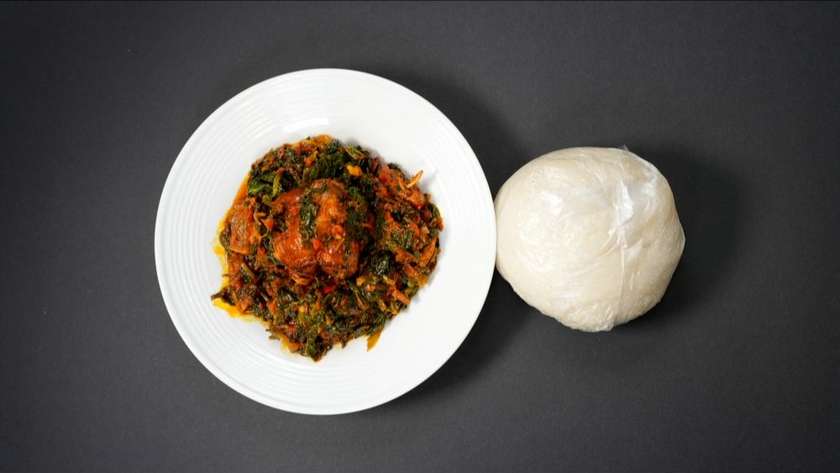 Poundo Yam with Vegetable, Egusi or Okra Sauce, Efo Riro