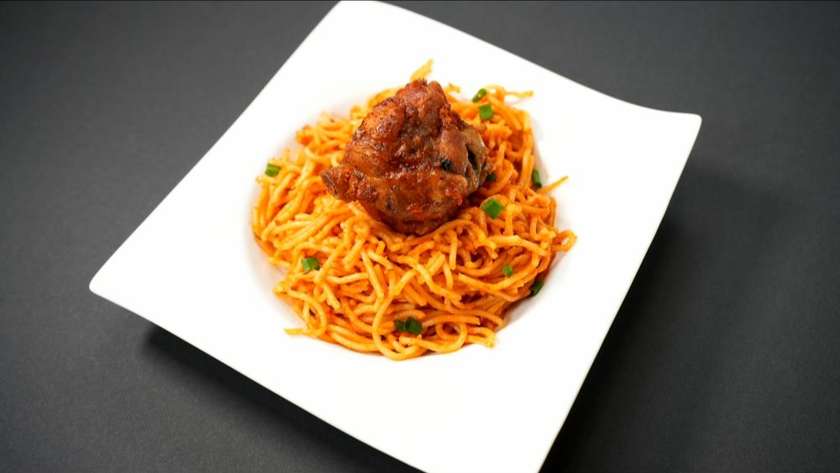 Spaghetti with Jollof with Turkey, Fish or Boiled Eggs