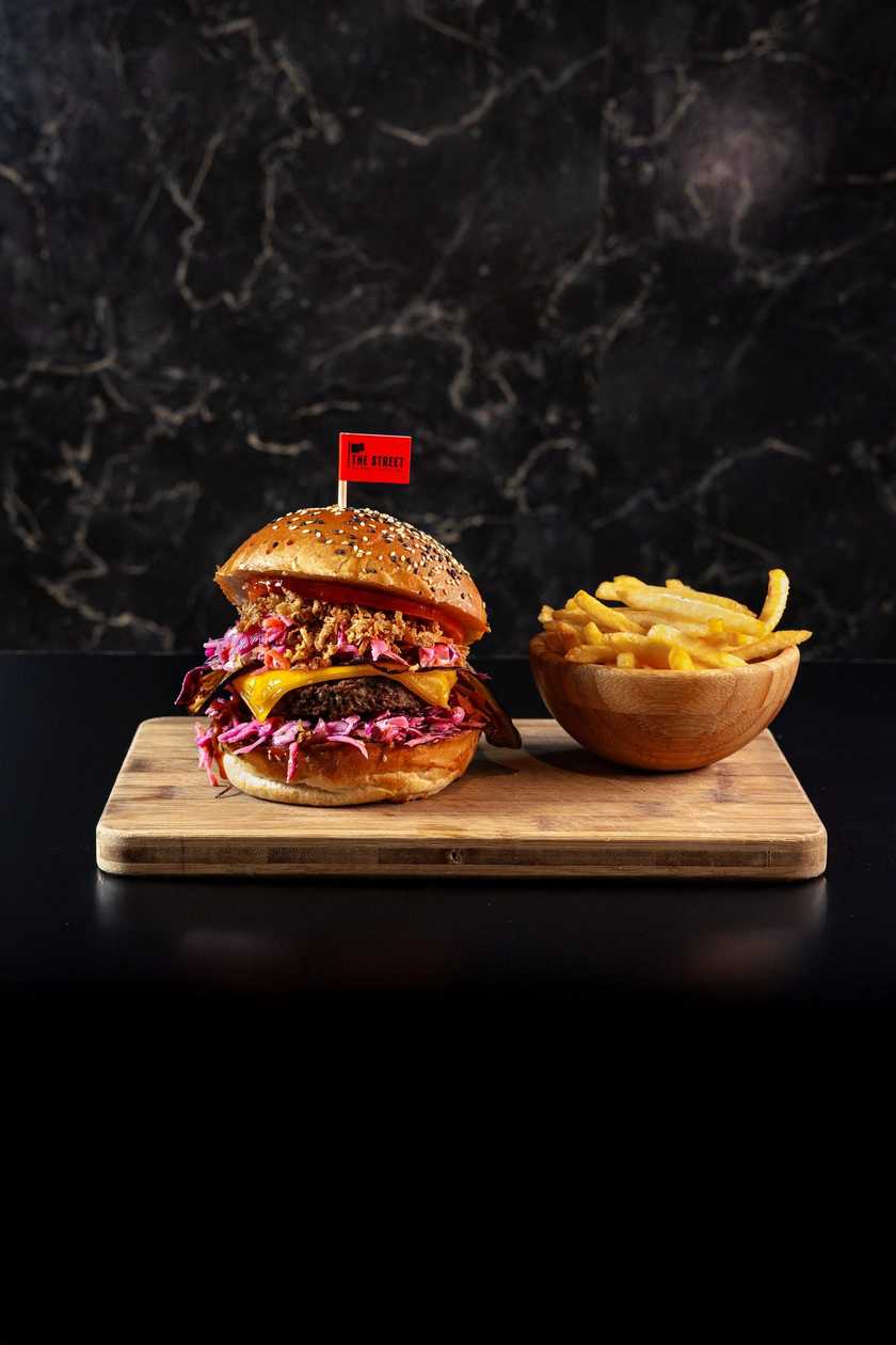 Vegan Barbecue Burger with Two-Tone Coleslaw, Priced with Fries