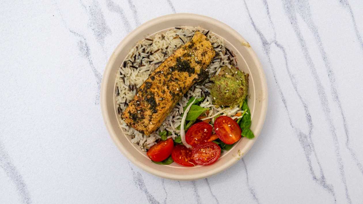 Chermoula Salmon, Rice, Salad, Cherry Tomatoes & Avocado