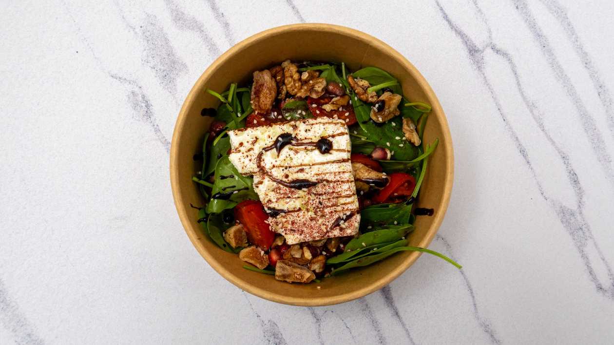 Baby Spinach, Figs, Pomegranate, Walnuts, Pdo Feta Cheese, Cherry Tomatoes, Fig Infused Balsamic Dressing Salad