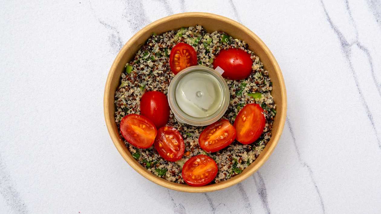 Quinoa Tabbouleh, Cherry tomatoes, cucumbers, fresh parsley, lemon and olive oil dressing