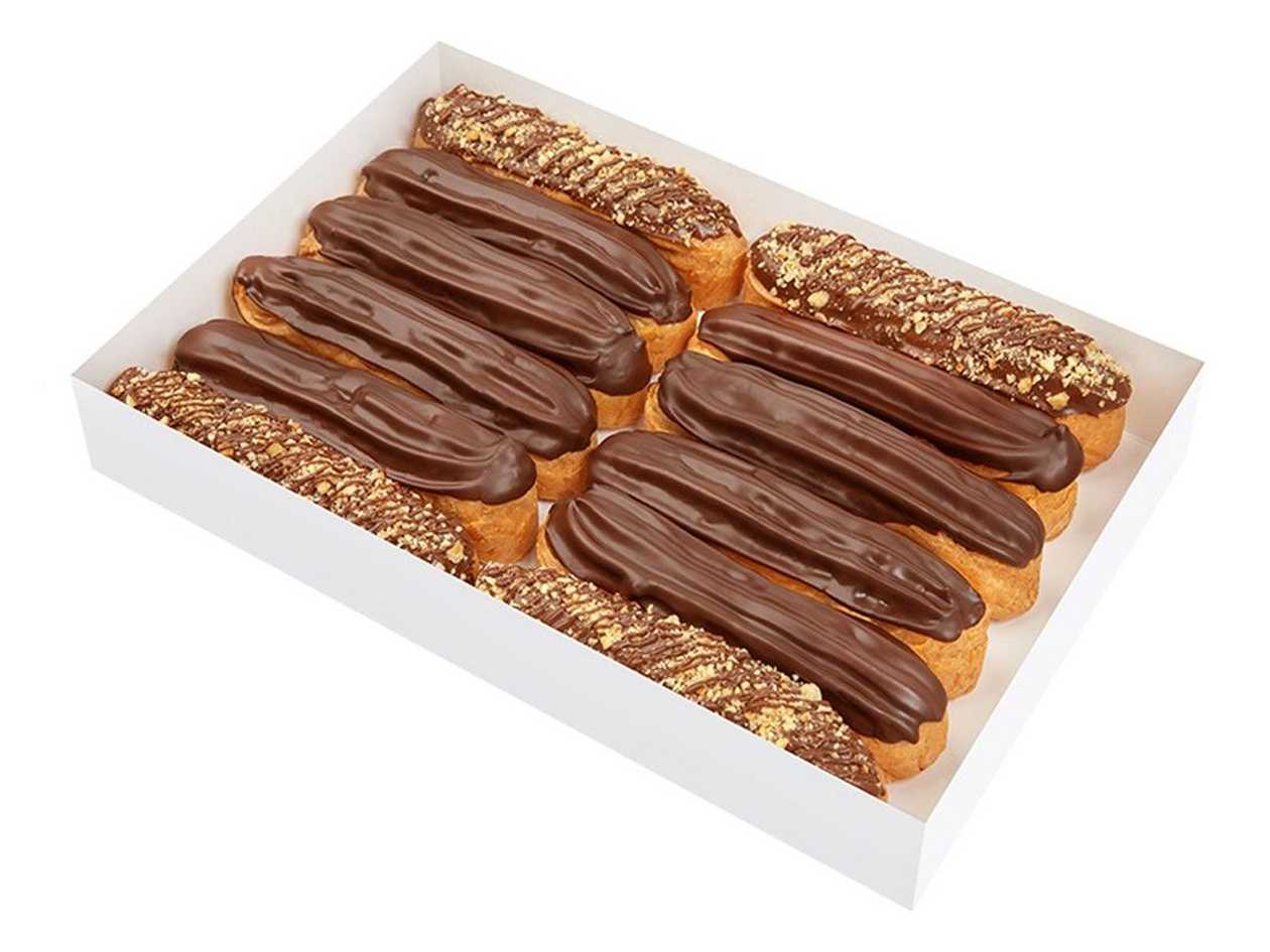 A box of coffee and vanilla eclairs