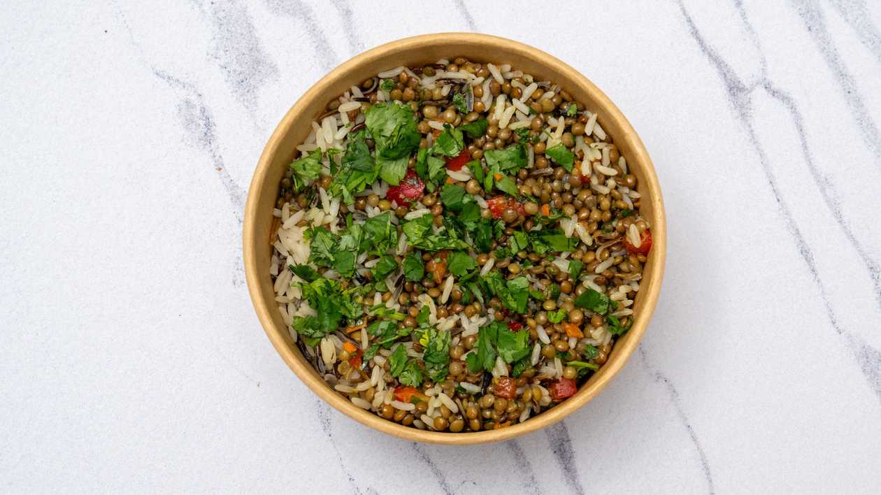 Lentils, Rice, Fresh Coriander, carrots & Red Peppers Salad