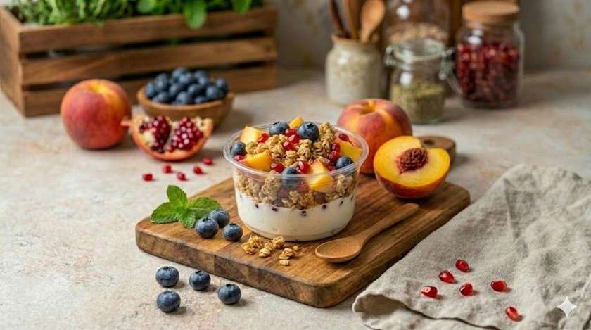 Jogurt kodujuustu, müsli ja virsikutega