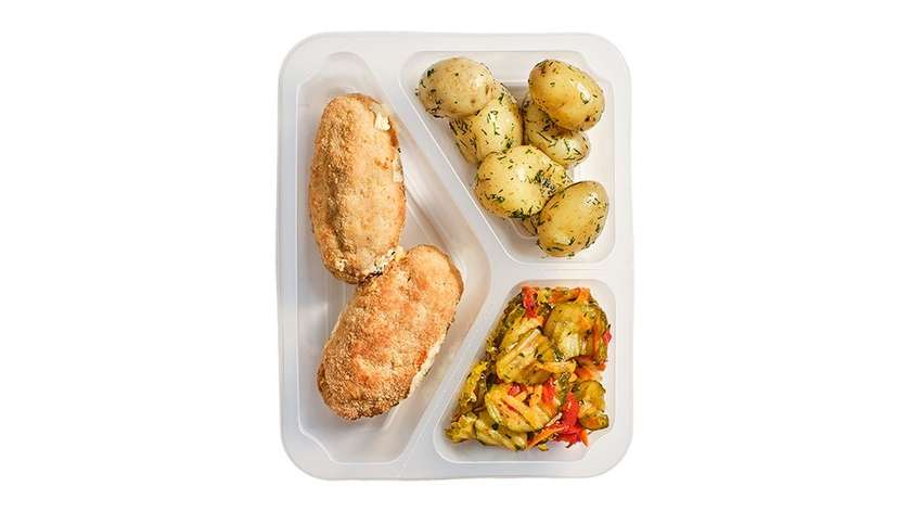 Chicken Devolay with Dill Potatoes and Swedish Salad