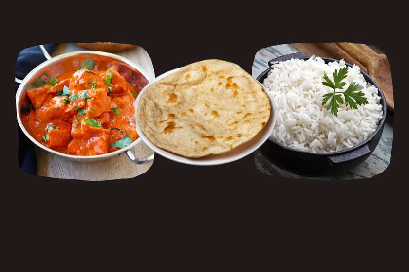 Chicken Tikka Masala curry with roti and rice
