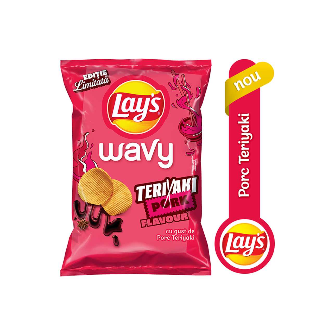 Lays Wavy, Chipsuri Ondulate din Cartofi cu Gust de Porc Teriaki, 115g (expiră în curând)