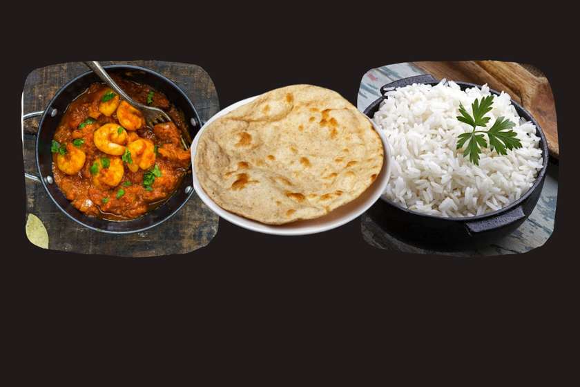 Prawns Madras Curry with Roti and Rice