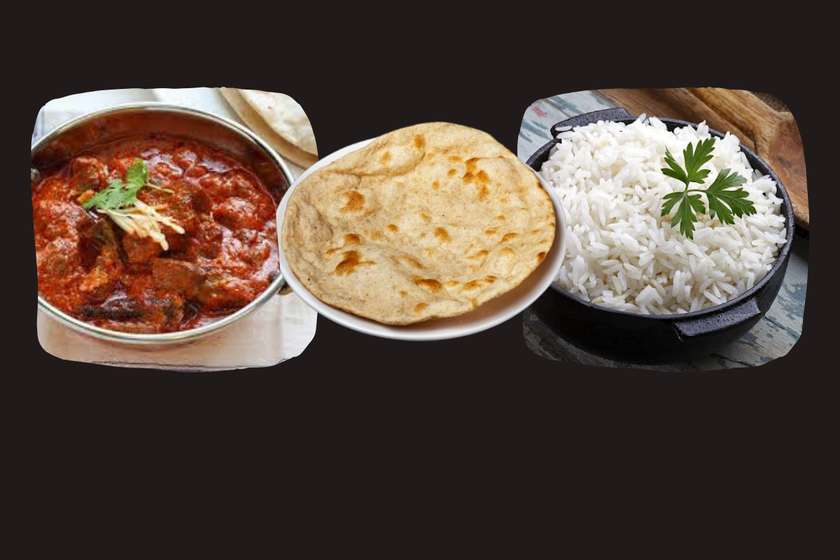 Lamb Rogan Josh curry with roti and rice