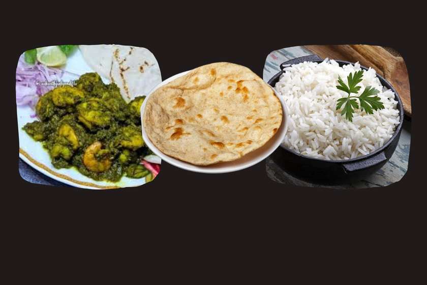 Prawn Hara Masala Curry with Roti and Rice