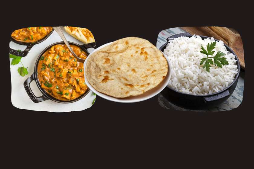 Butter chicken curry with Roti and Rice