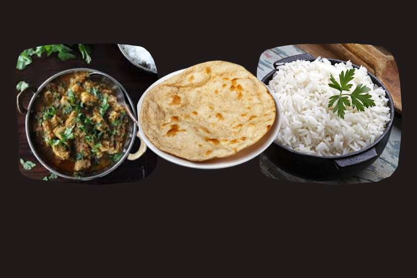 Chicken Murgh Hara Dhaniya curry with roti and rice