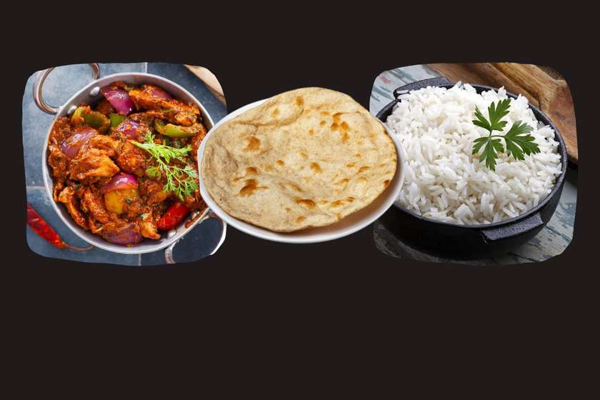 Chicken Kadai curry with roti and rice