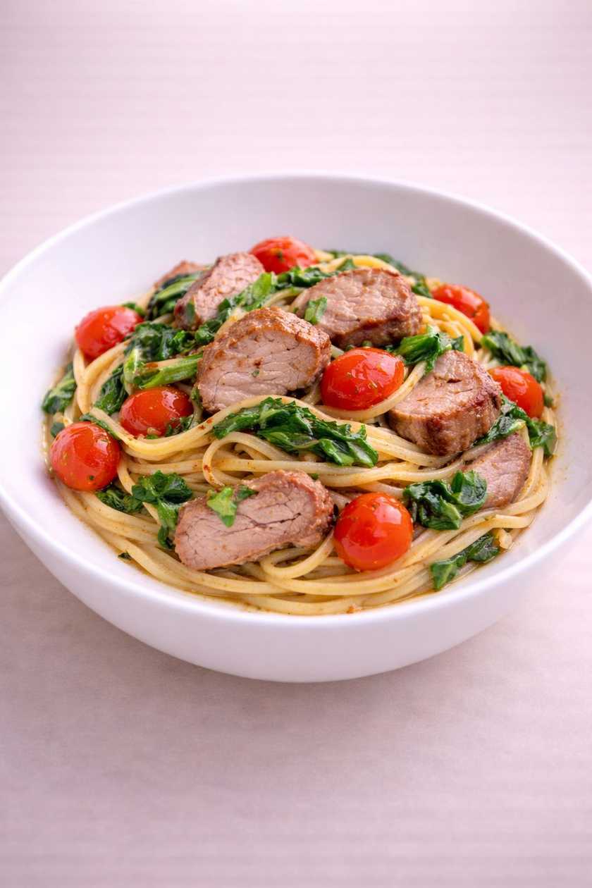 Pasta con maiale e spinaci