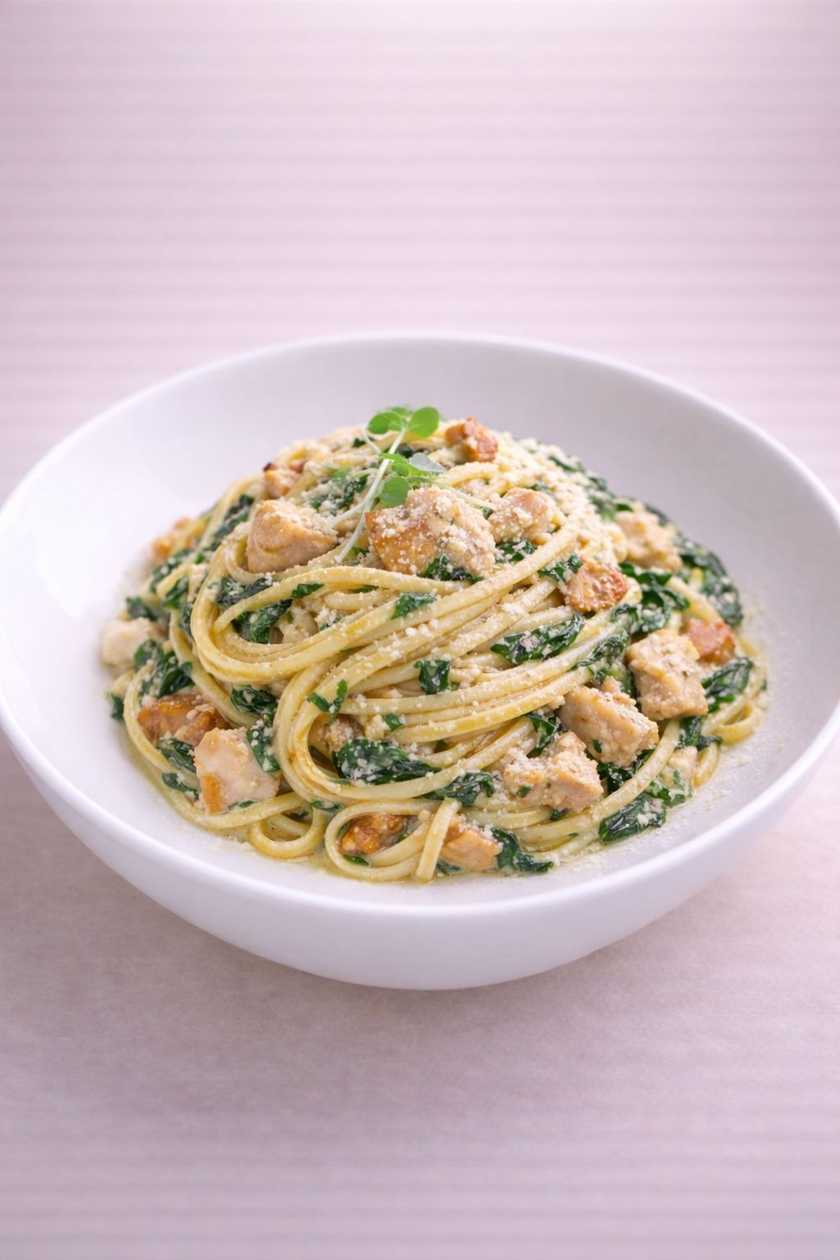 Pasta con pollo e spinaci