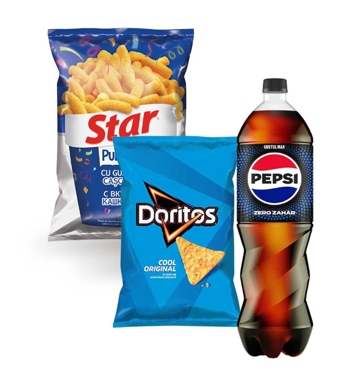 Pepsi Zero Zahar, Pet 1.5L + Doritos, 90g +Star, 80g