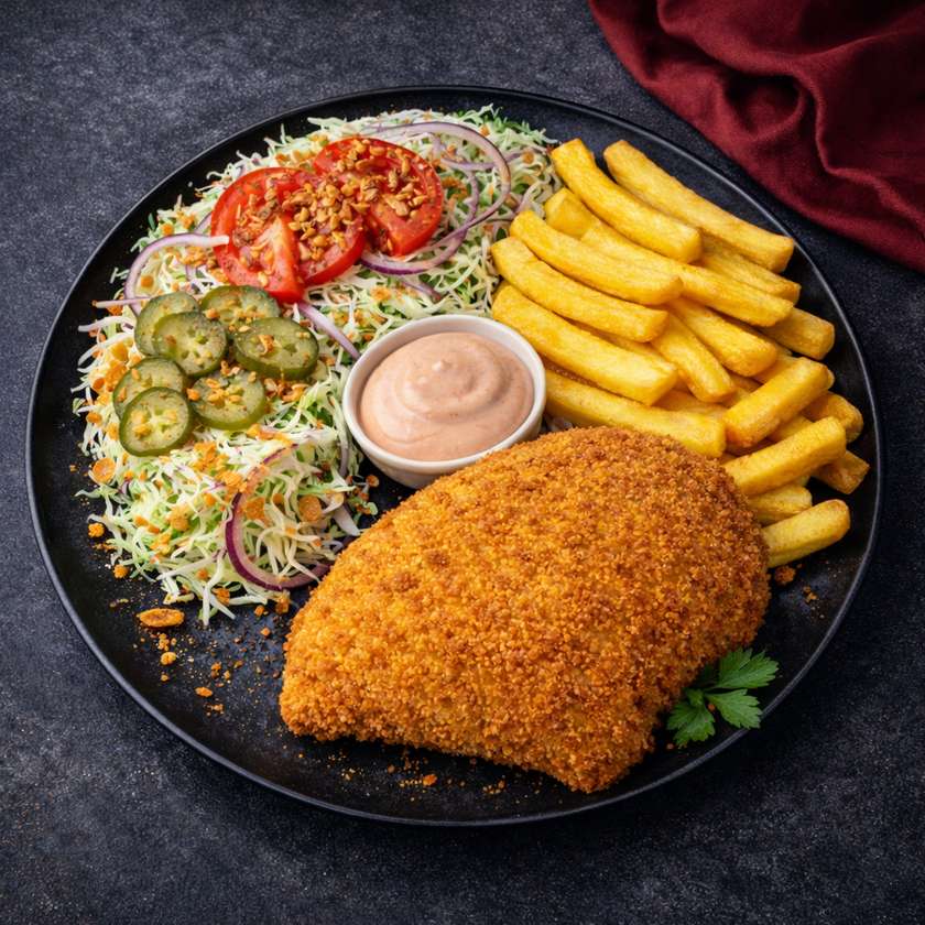 Vištienos kepsnelis „Cordon Bleu“ su kumpiu ir sūriu, salotos, bulvytės