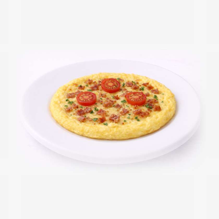 Omelet with chicken, cherry tomatoes and bacon
