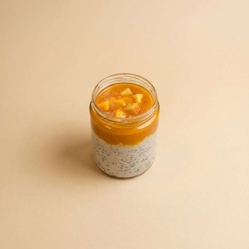 Chia seed pudding with mango jam in a jar