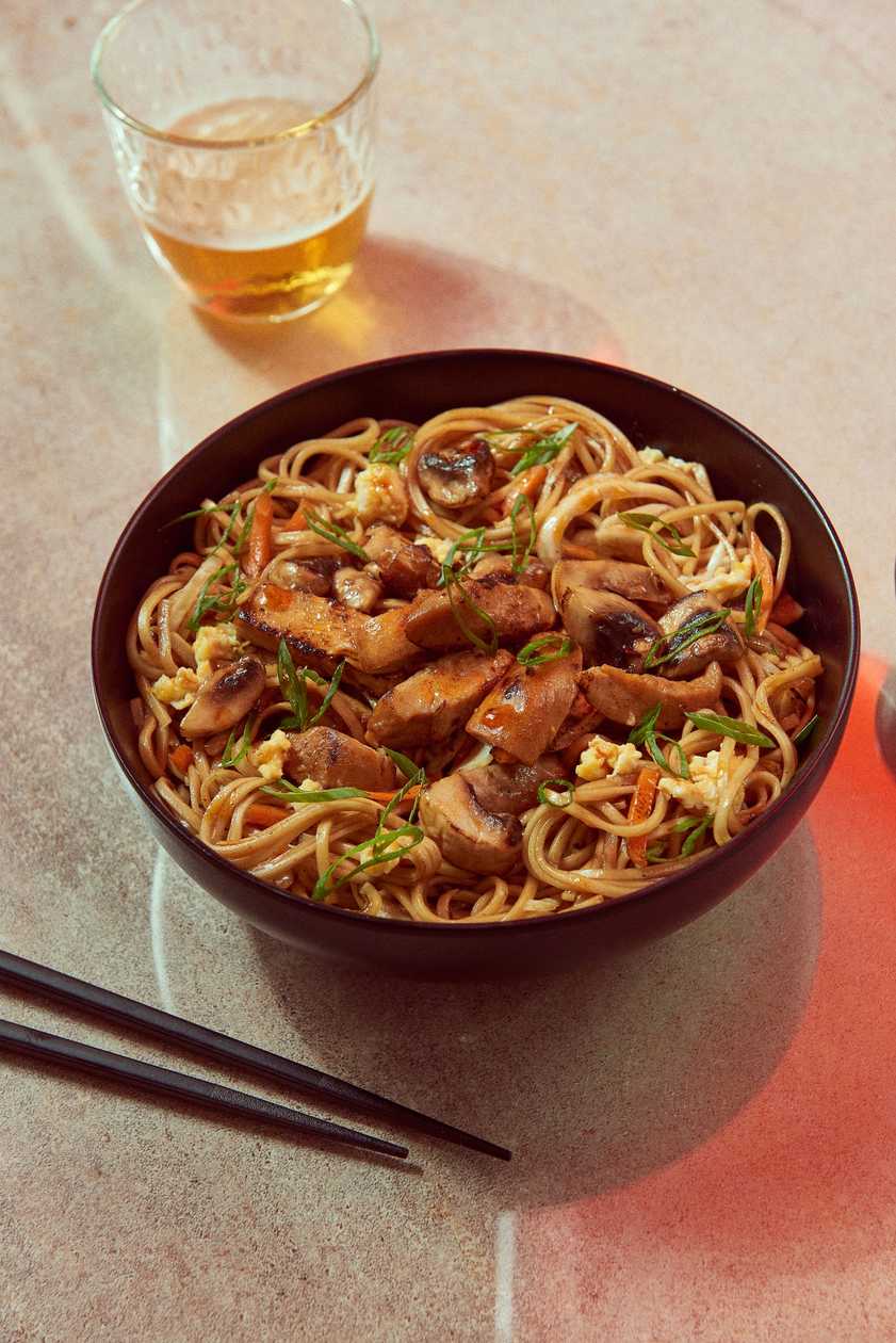 Egg noodles + protein + mushrooms + Chinese cabbage + sesame seeds + sauce