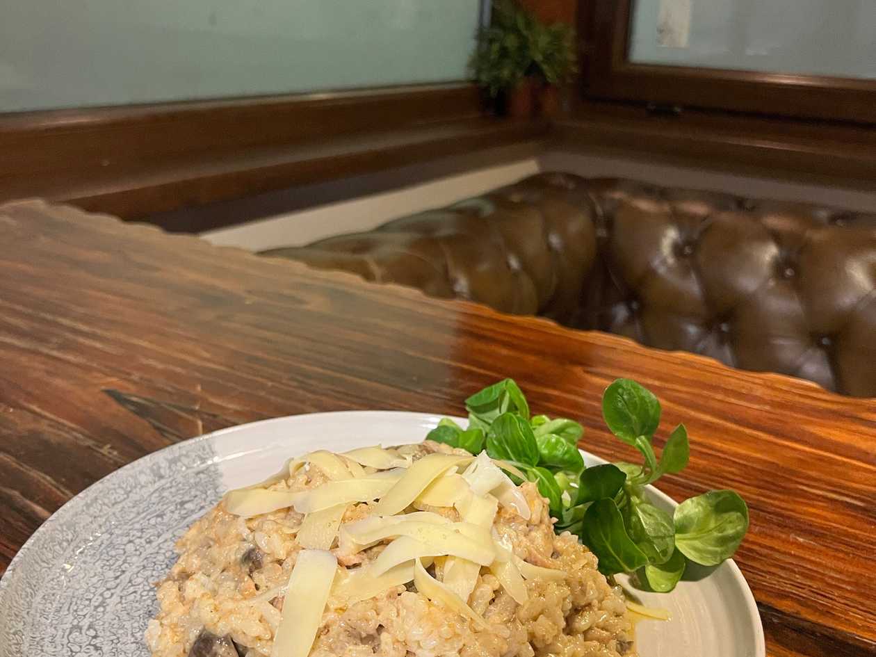 Creamy Mushroom Risotto with Pork Tenderloin and Parmesan