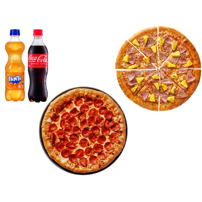 x2 Medium Pizzas (Pepperoni / Chicken Hawaiian) + x2 Soft Drinks (500ml)
