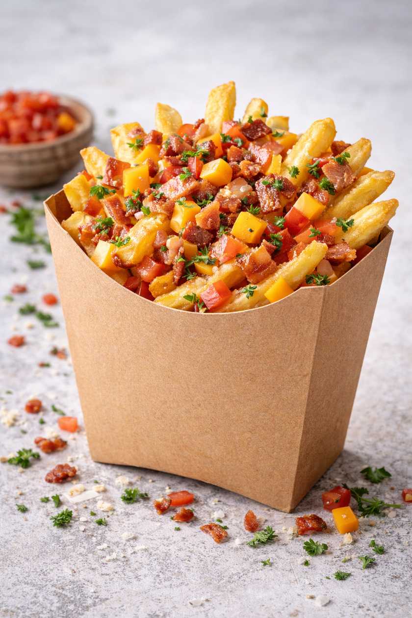 Cartofi prăjiți cu Cheddar, Bacon și Roșii  300 gr