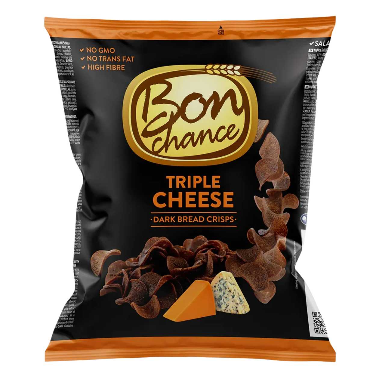 BON CHANCE juodos duonos traškučiai, trijų sūrių skonio, 120g