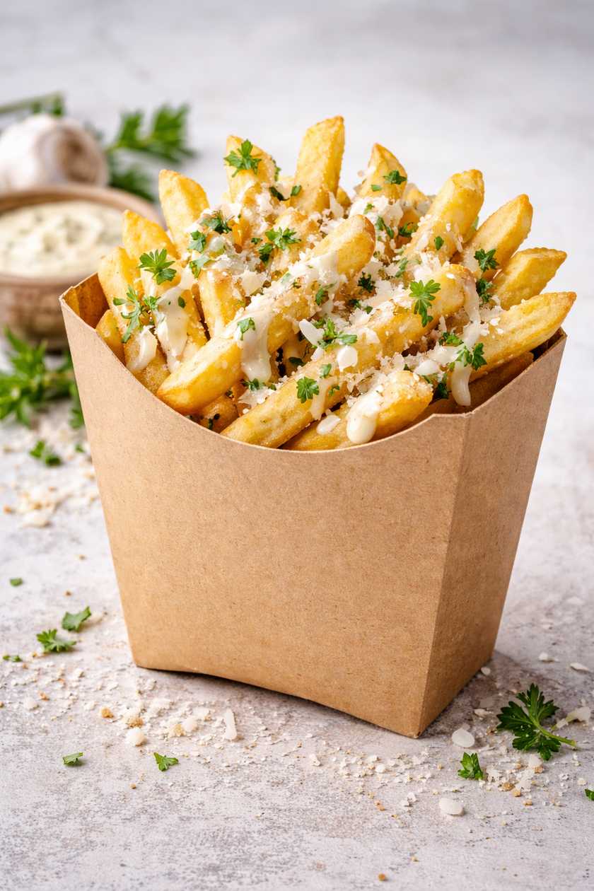 Cartofi prajiti cu mujdei si parmezan  250 gr