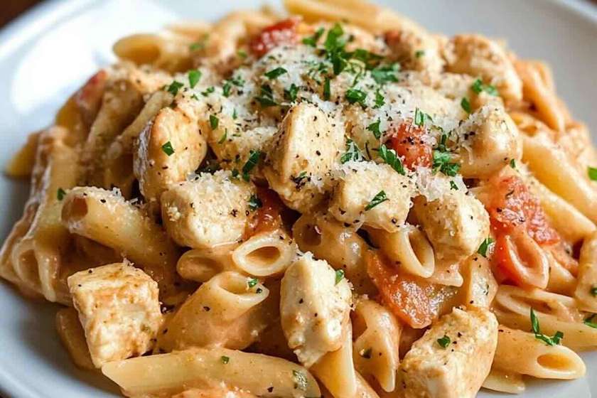 Krēmīga vistas gaļas pasta ar tomātiem un parmezānu