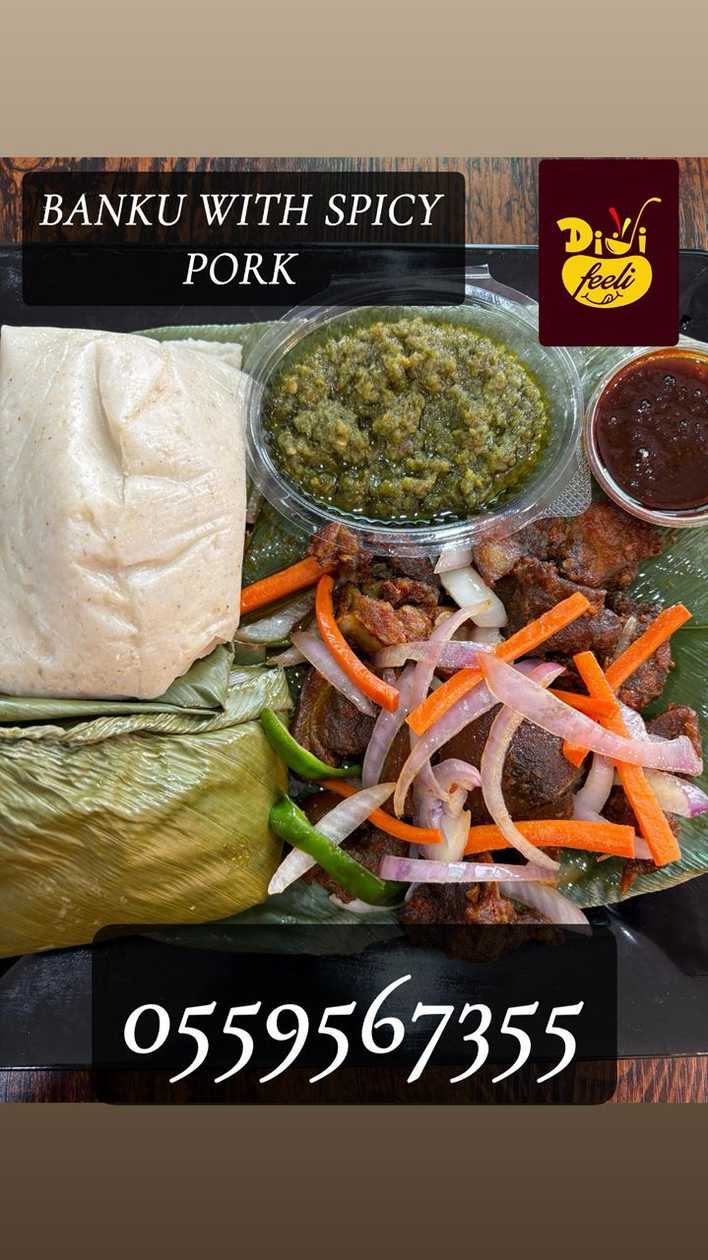 Banku with spicy pork