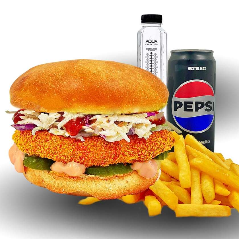Meniu  Burger  Pui (sandw. + cartofi prajiti + bautura + sos)