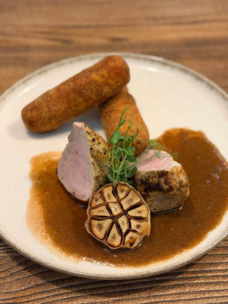 Pork Tenderloin Steak with Roasted Garlic and Homemade Croquettes