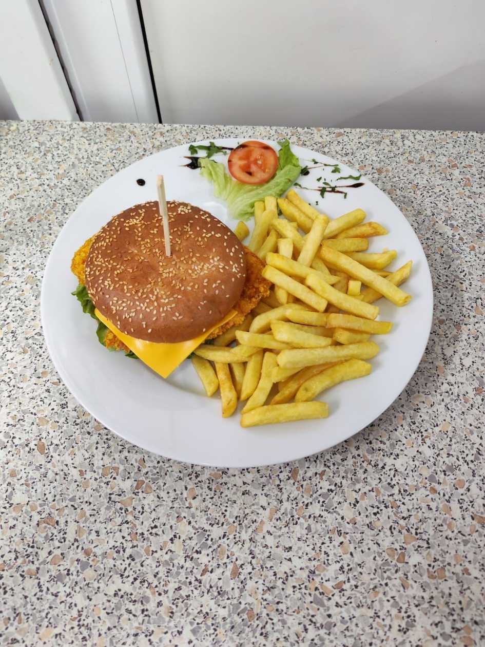 Chicken burger with French fries