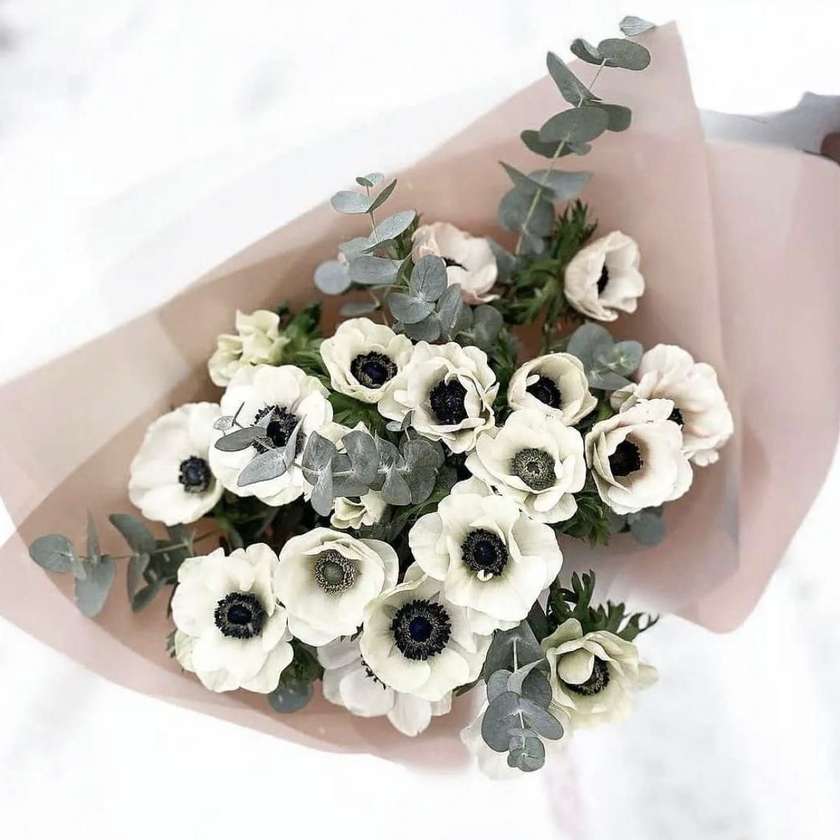 Bouquet of white anemones with eucalyptus (19 anemones + eucalyptus)