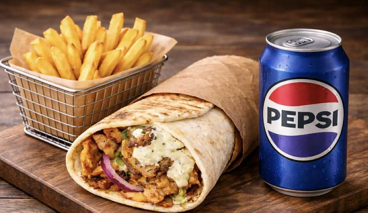 Kebabas lavaše didelis + gruzdintos bulvytės + gėrimas 0,33 l