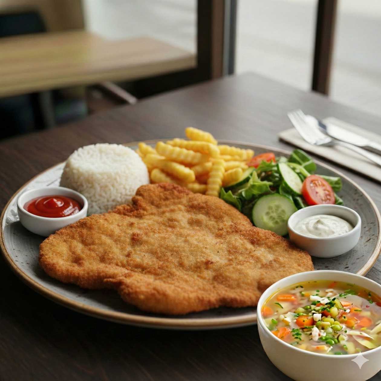 menu 8 Bravčový rezeň s hranolkami + Polievka podľa dennej ponuky