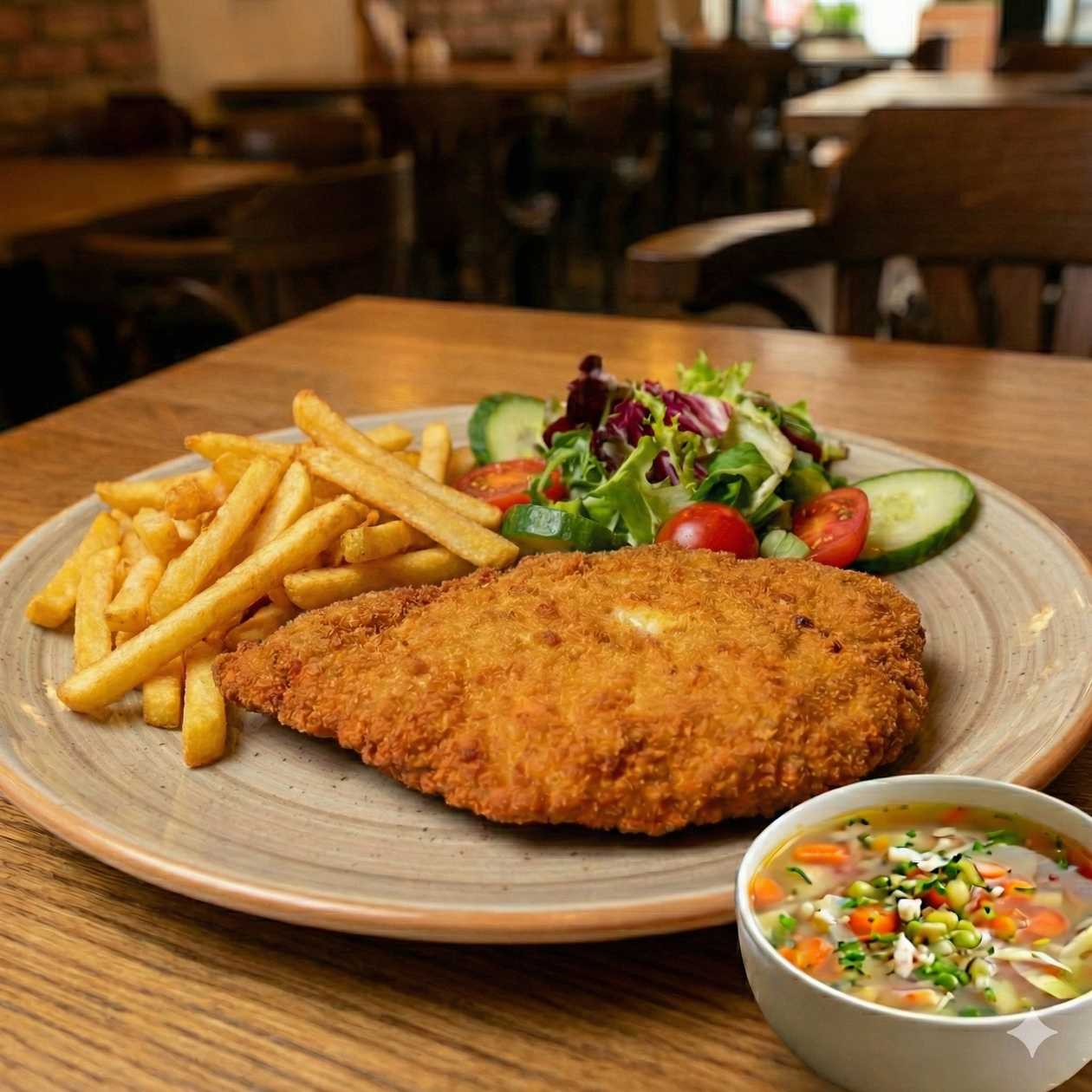 menu 4 Kuraci rezen s hranolkami + Polievka podla dennej ponuky