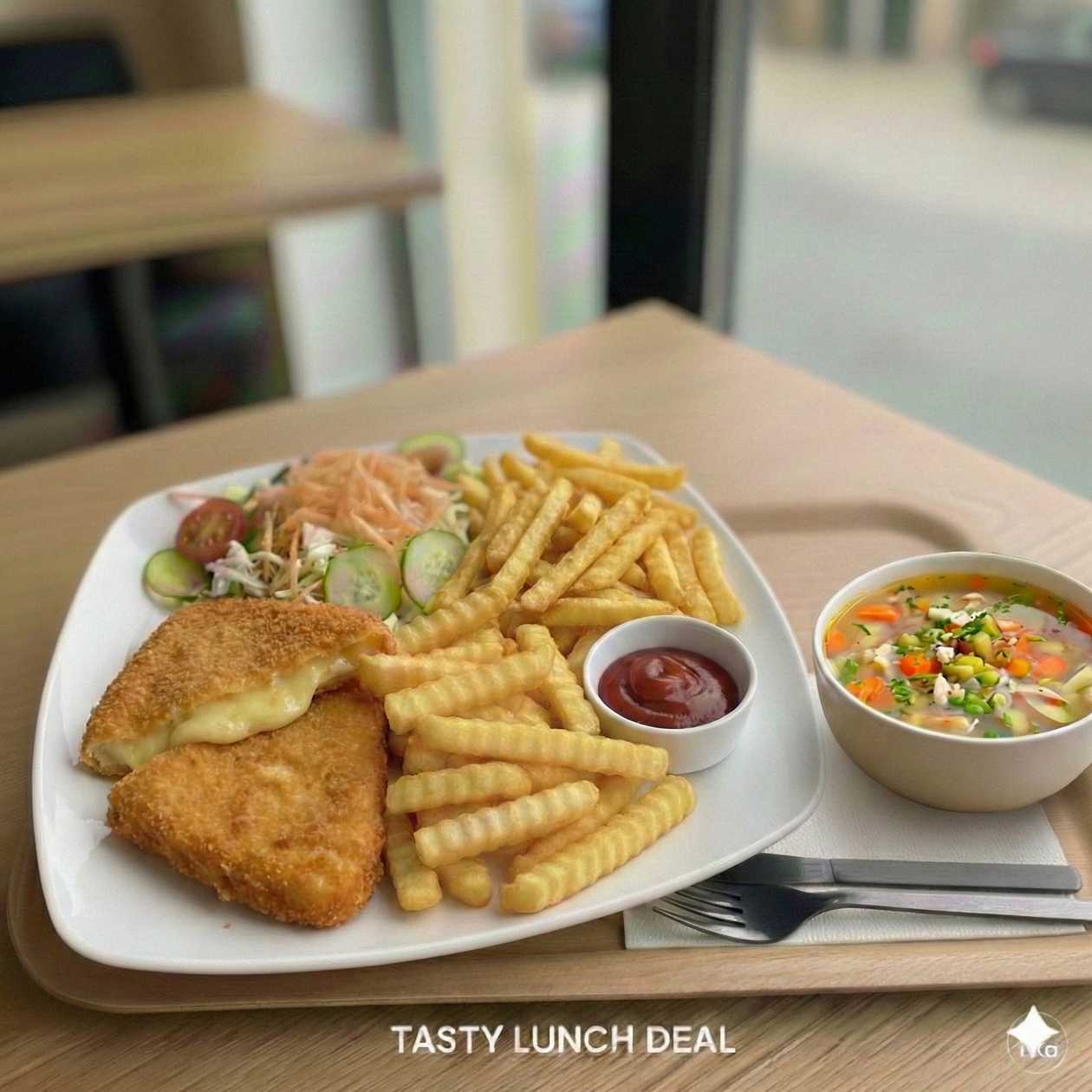 menu 3 Vyprazan syr s hranolkami + Polievka podla dennej ponuky