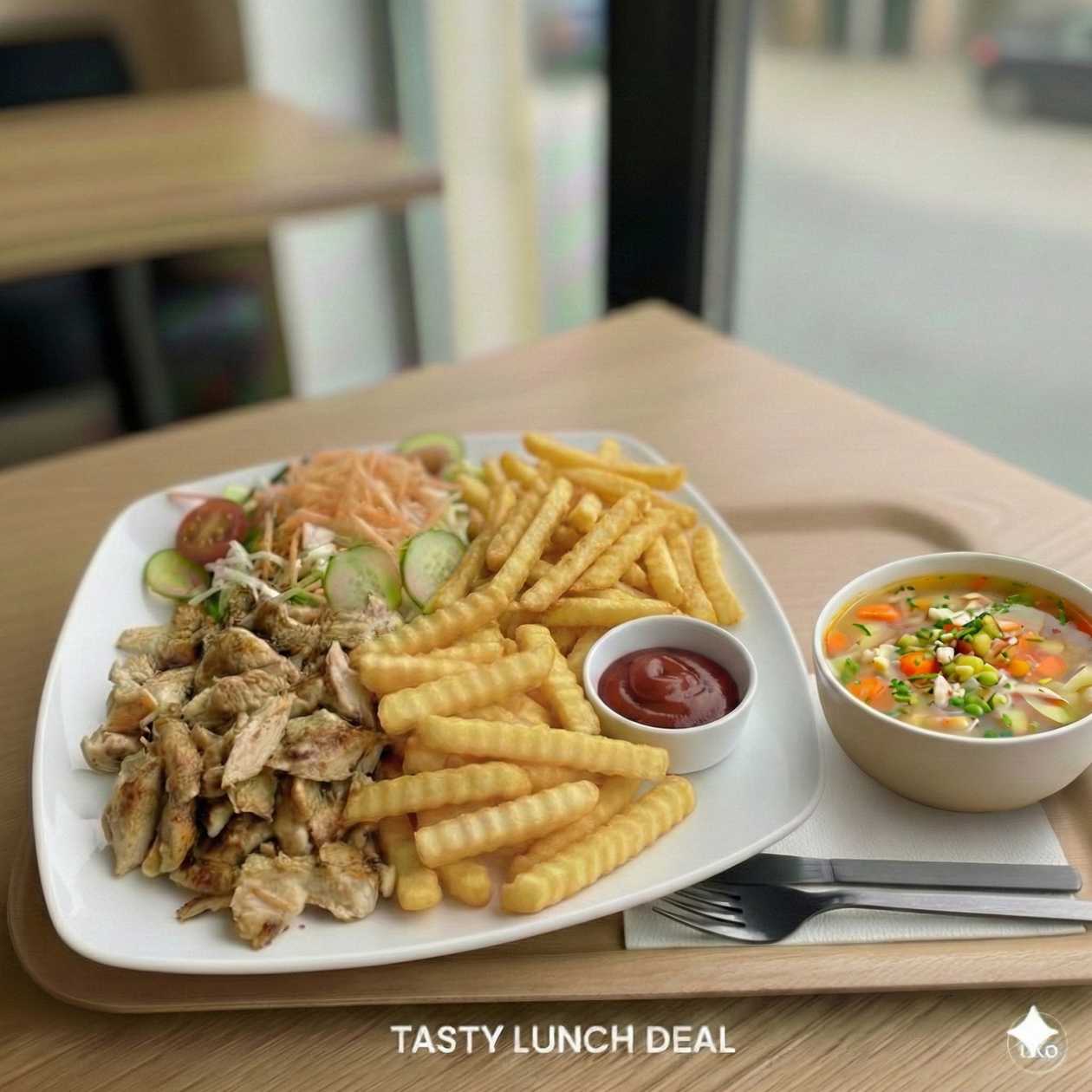 menu 2 Kuraci kebab tanier s hranolkami + Polievka podla dennej ponuky