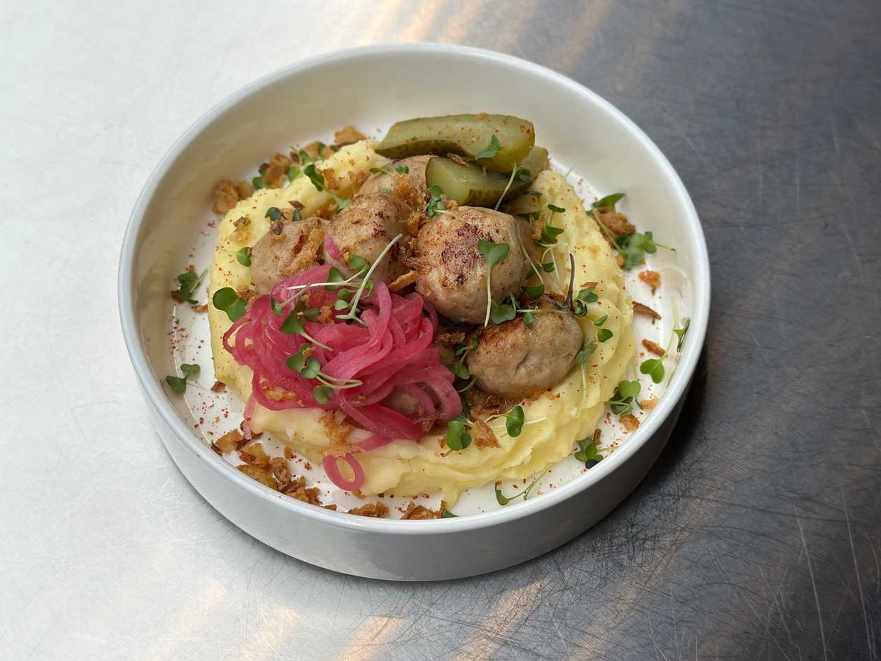 Chicken Meatballs w Mashed Potatoes and Pickles