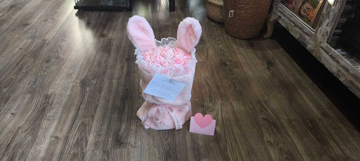 Soap Roses Bouquet Pink Colour in a Soft Fabric with Banny Ears