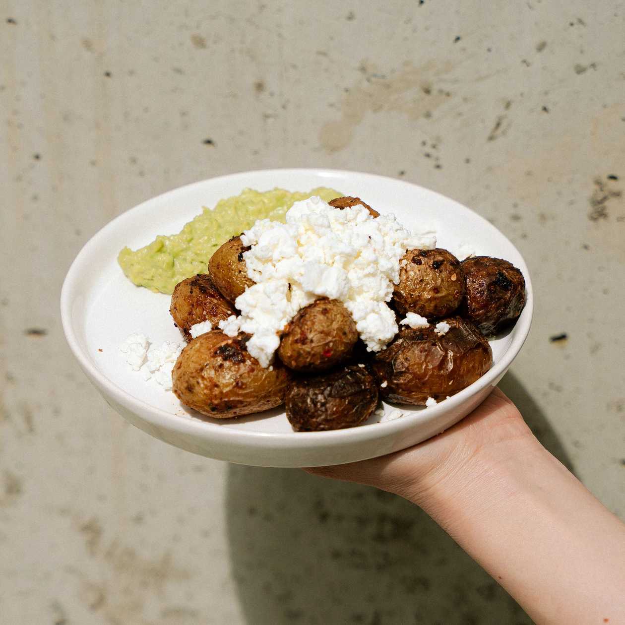 Smashed Potatoes, feta & Avo Dip