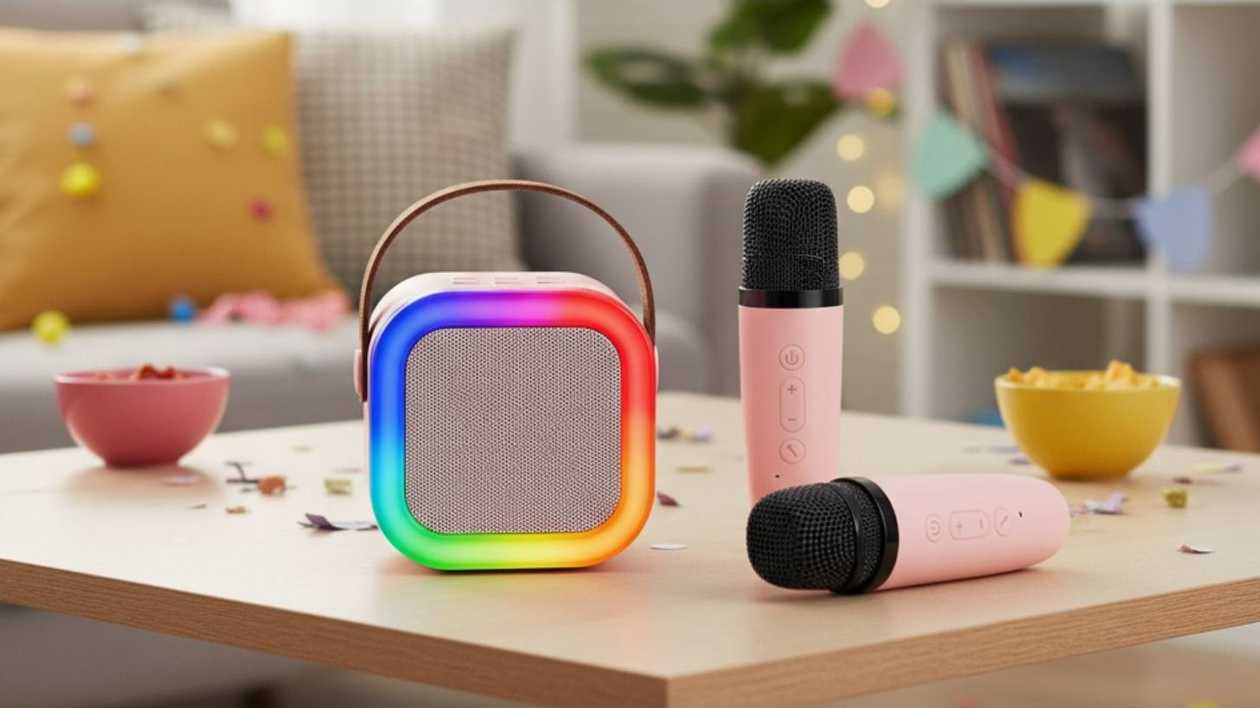 Illuminated Karaoke Mini Speaker and Microphone Set with Two Microphones (Pink)