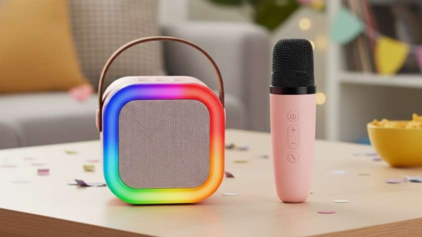 Illuminated Karaoke Mini Speaker and Microphone Set Single Microphone (Beige)